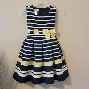 JESSICA ANN NAVY BLUE & WHITE STRIPED SLEEVELESS DRESS WITH YELLOW BOW, SIZE 3T